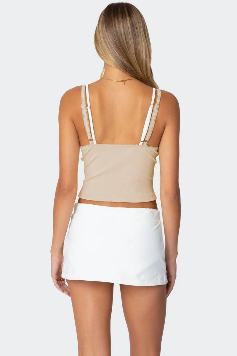 CWTTK0779_LACE-TRIMMED LOW-CUT CONTRAST-COLOR CAMISOLE TOP