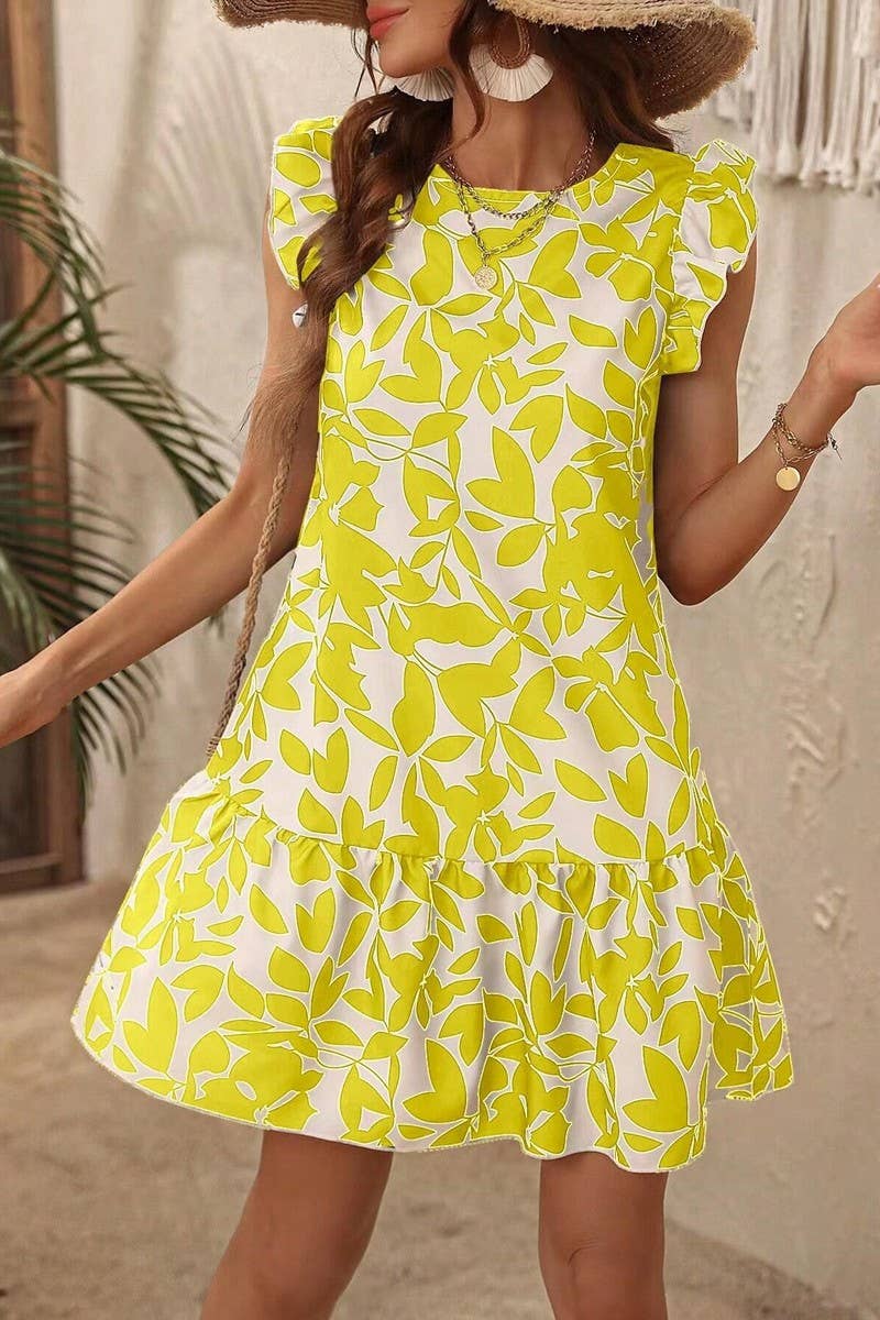 CWDSD7520_NEW SUMMER FLYING SLEEVE RUFFLED PRINT DRESS