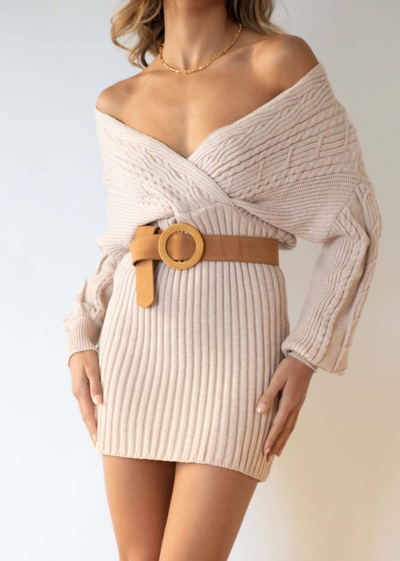 CWOSWL1184_Long Sleeve V-Neck Pullover Casual Dress Sweater