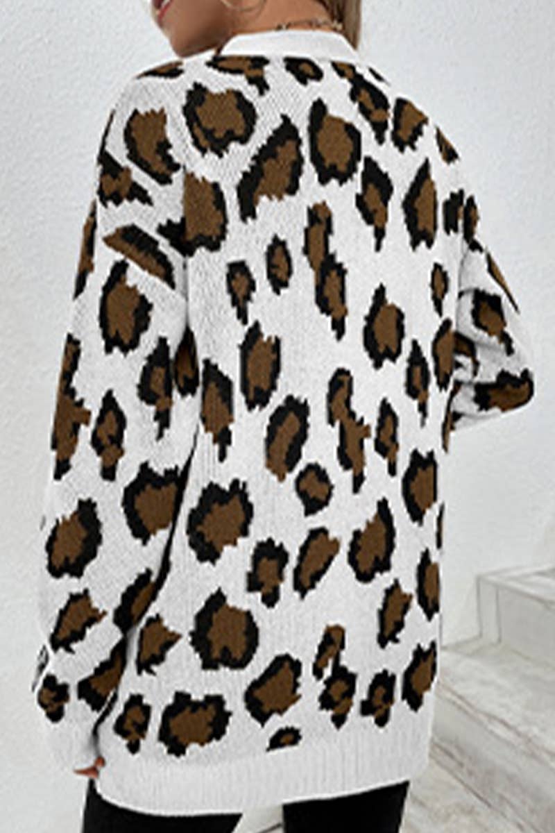 COLOR CONTRAST LEOPARD POCKET KNIT CARDIGAN