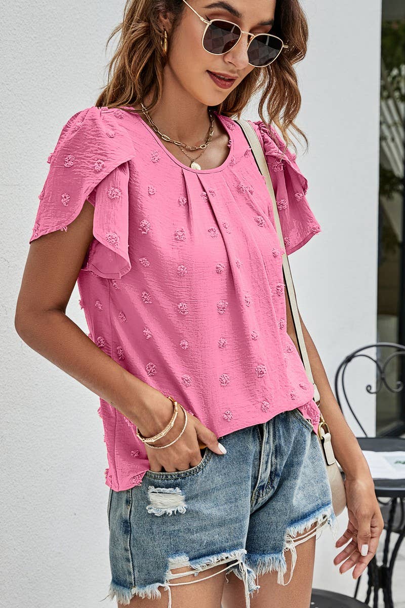 CWTBLS0342_Round neck Short Puff Sleeve Blouse