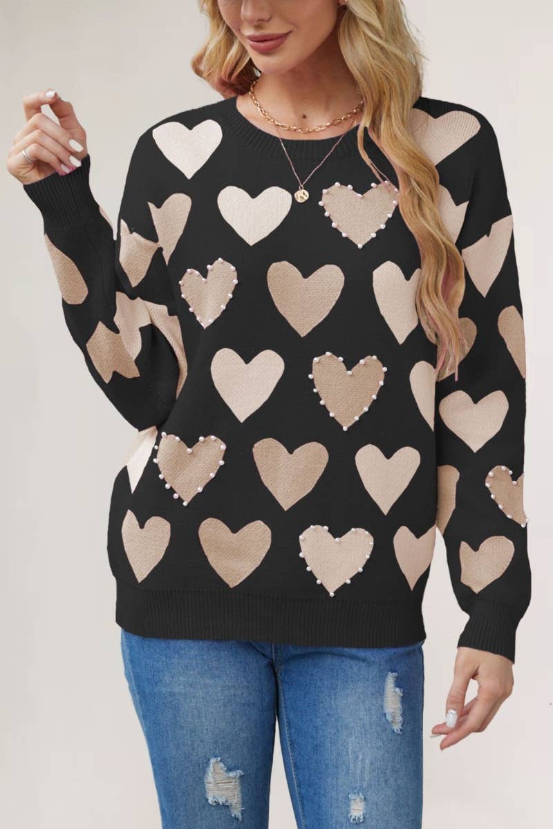 CWOSWL5885_LOVE BEADED CREW-NECK LONG-SLEEVED SWEATER