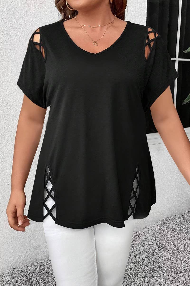 CWTBLS2188_SOLID V-NECK CRISSCROSS SHORT SLEEVE T-SHIRT