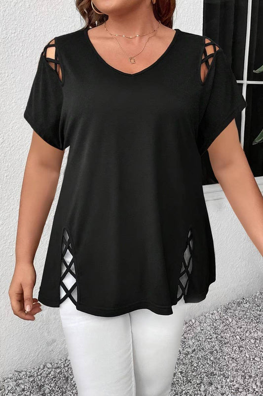 CWTBLS2188_SOLID V-NECK CRISSCROSS SHORT SLEEVE T-SHIRT