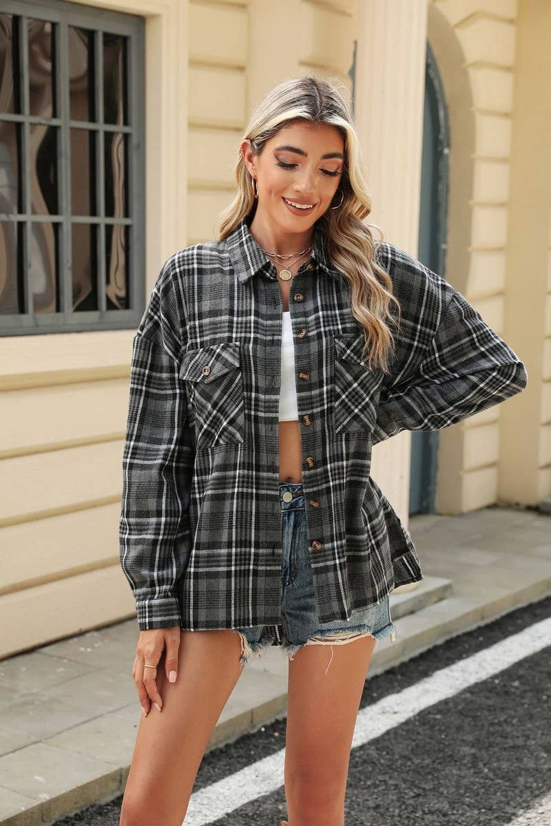 CWTSTL1700_COLLAR POCKET PLAID LOOSE LONG SLEEVE SHIRT