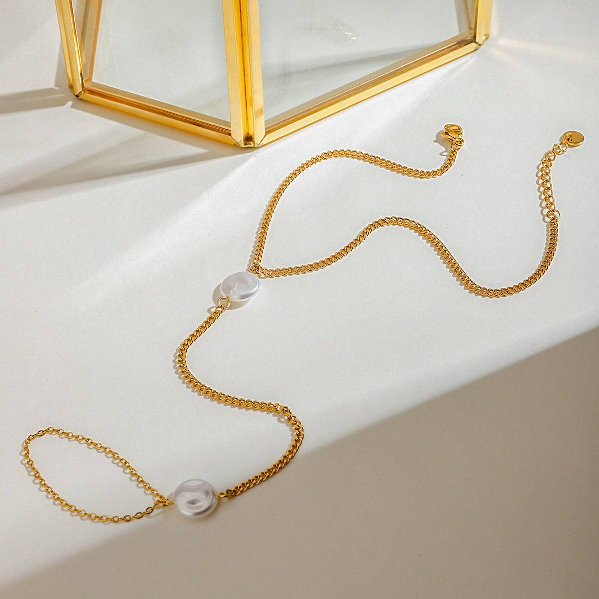 18K Gold Pearl Chain Anklet Ring, Stainless Steel_CWAJE4847