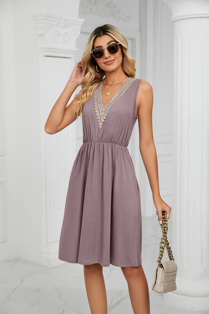 CWDSD3116_V-Neck Lace Trim Sleeveless Dress