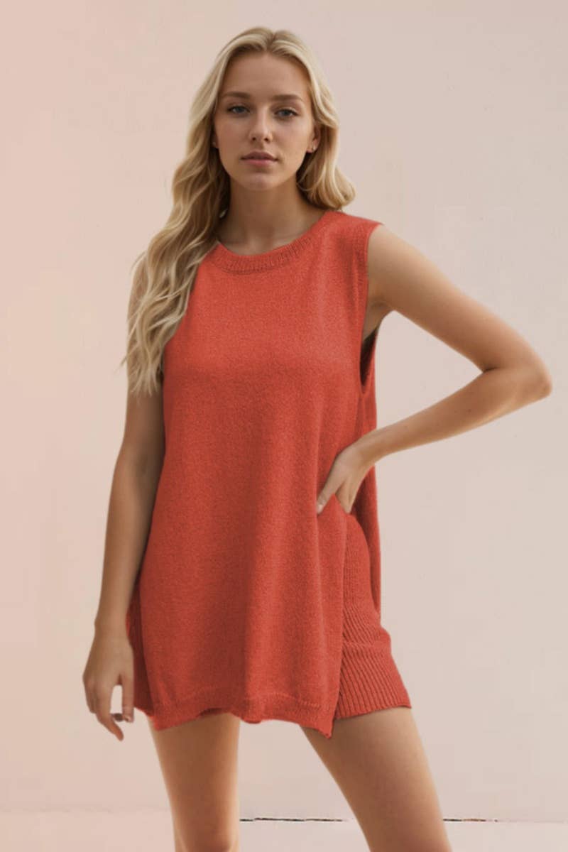 CWSS0492_KNIT SPLIT SLEEVELESS VEST SHORTS SUIT