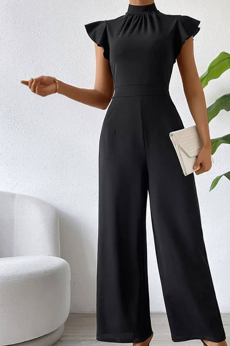 CWSBSSL0133_STAND COLLAR RUFFLE DRAPED SLEEVELESS JUMPSUIT