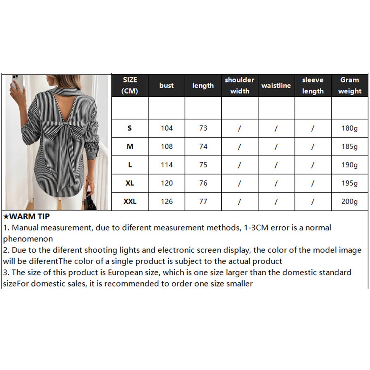 A striped printed long-sleeved shirt with a bow