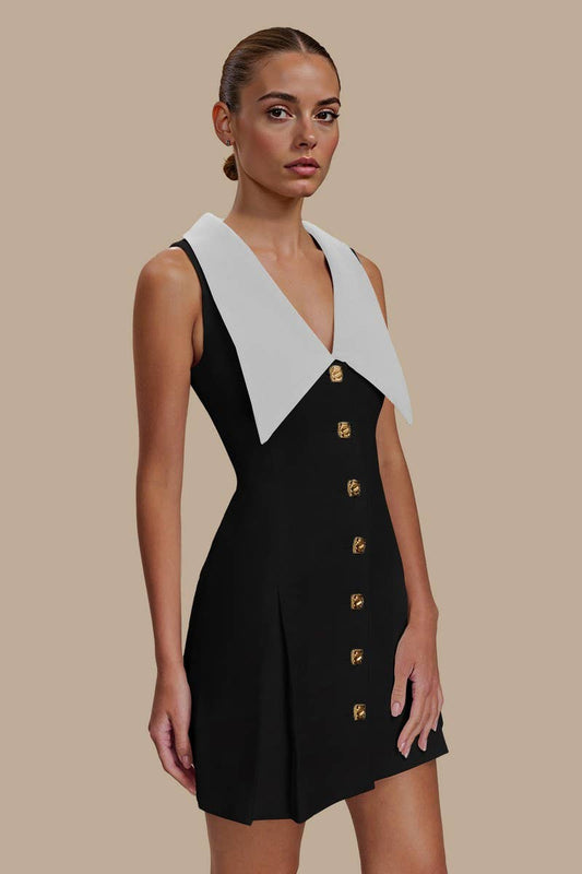 CWDSD8910_SLEEVELESS LAPEL METAL BUTTON DRESS