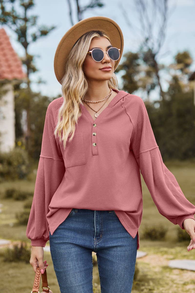 CWOHOL1095_NEW HOODED BUTTON LOOSE LONG-SLEEVED SWEATSHIRT