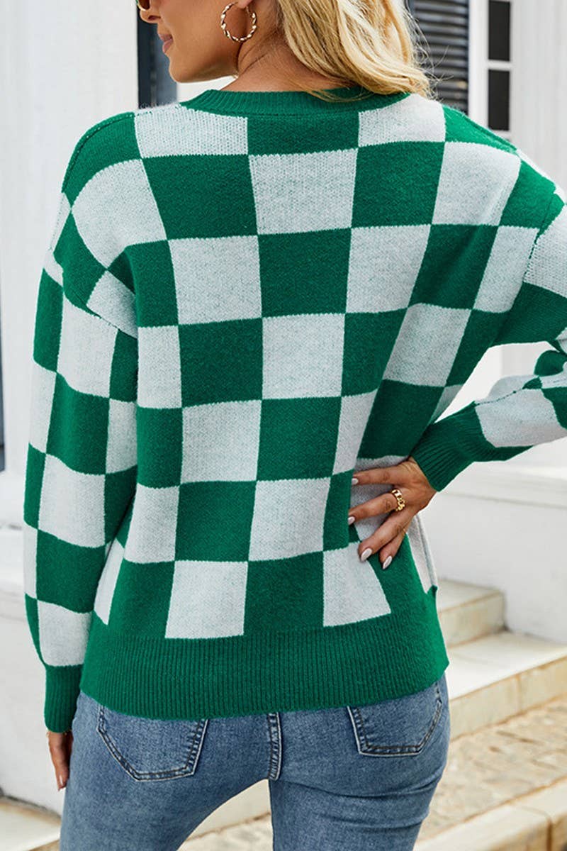 CWOSWL2943_CREW NECK COLORBLOCK CHECK KNIT SWEATER