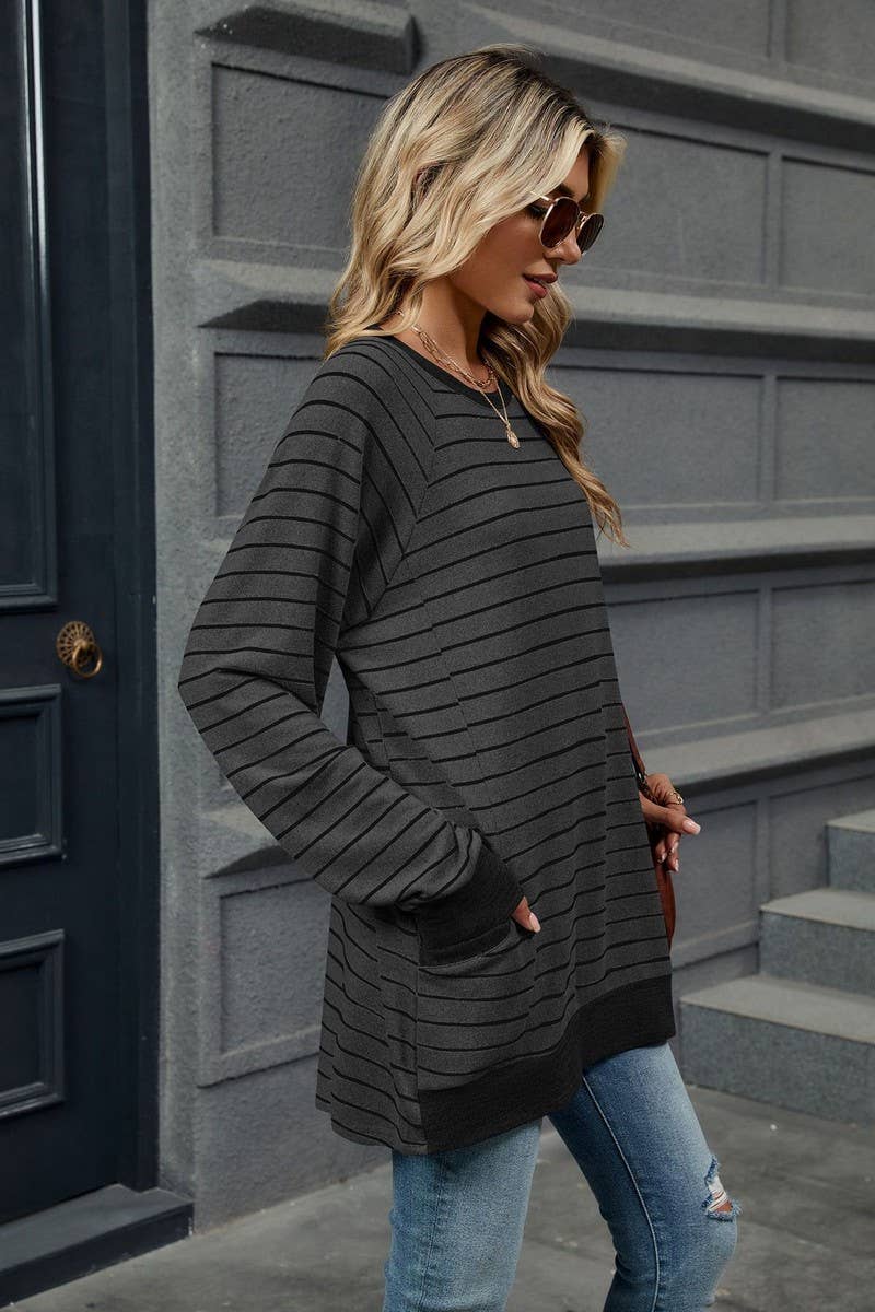 CWTBLL2360_STRIPED CONTRAST POCKET MID-LENGTH SWEATSHIRT