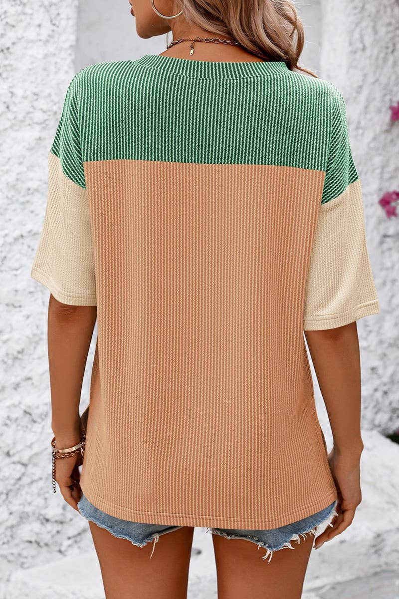 CWTTS1317_SUMMER ROUND NECK COLOR BLOCK LOOSE T-SHIRT