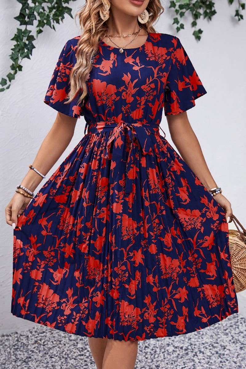 CWDSD2765_Round Neck Short Sleeve with belt Print Dress