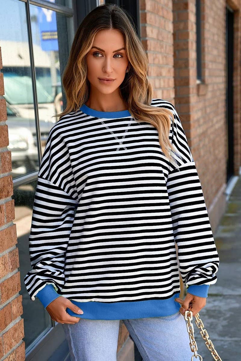 WTBLL1485_COLORFUL STRIPED CREW NECK LOOSE SWEATSHIRT
