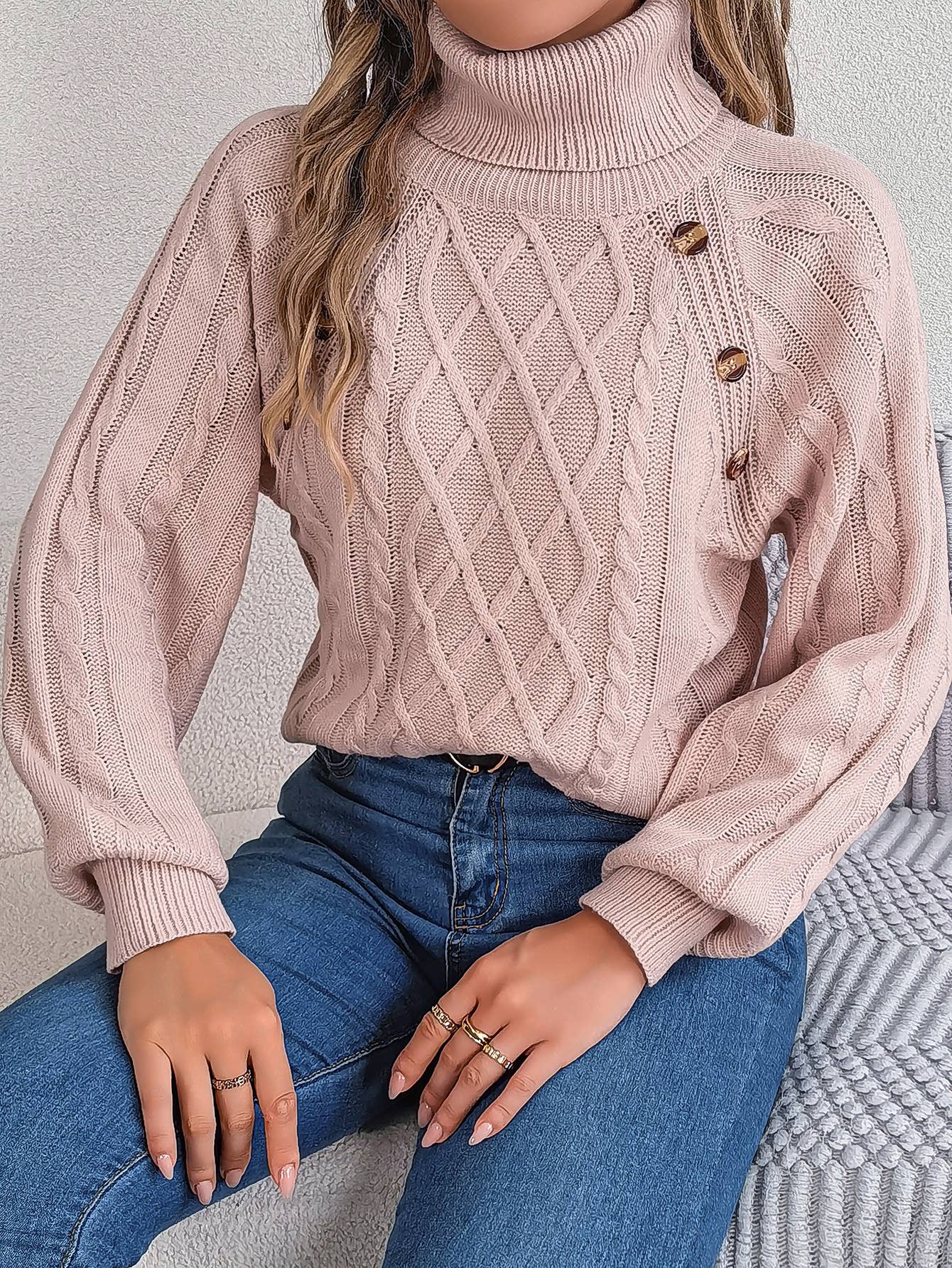 CASUAL TWIST TURTLENECK LANTERN SLEEVE SWEATER