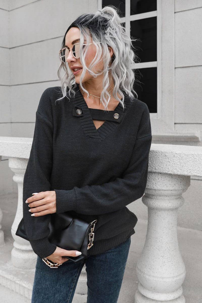 CWOSWL4149_V-NECK BUTTON LOOSE PULLOVER KNIT SWEATER