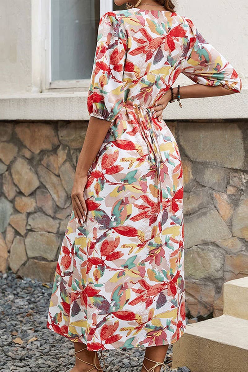 CWDMD2364_V-NECK FLORAL PRINT DRESS