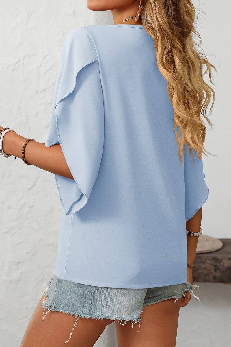 CWTBLS1711_CASUAL OBLIQUE V-NECK CHIFFON BUD SLEEVE TOP