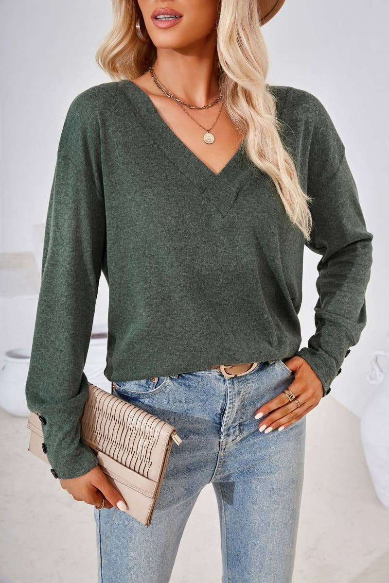 CWTBLL2683_AUTUMN LOOSE SIMPLE V-NECK LONG SLEEVE TOP