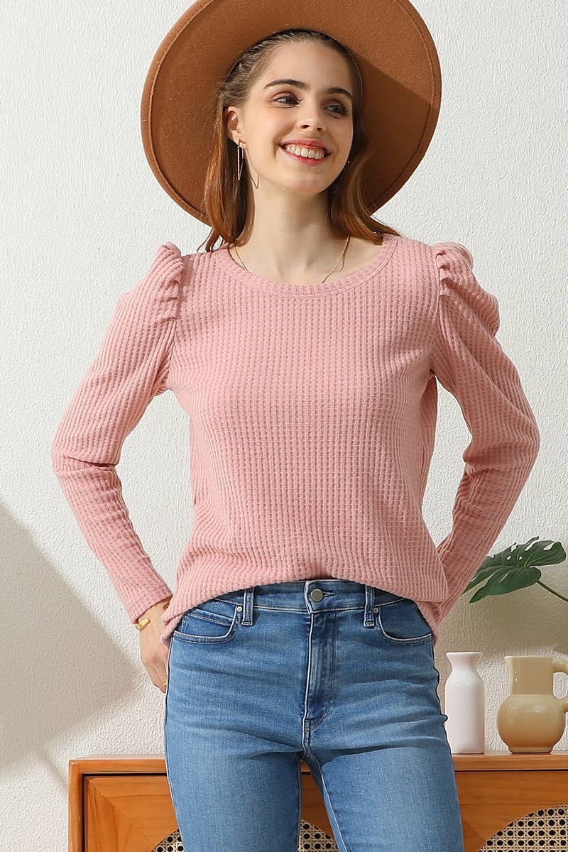 CWTTL913-P_PLUS SIZE PUFF SHIRRING SLEEVE WAFFLE KNIT TOP