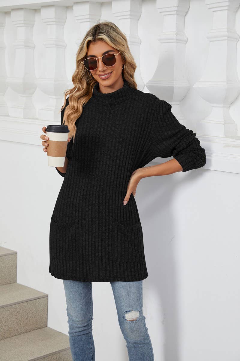 CWTBLL1856_HIGH NECK BRUSHED SOLID LONG SLEEVE POCKET TOP