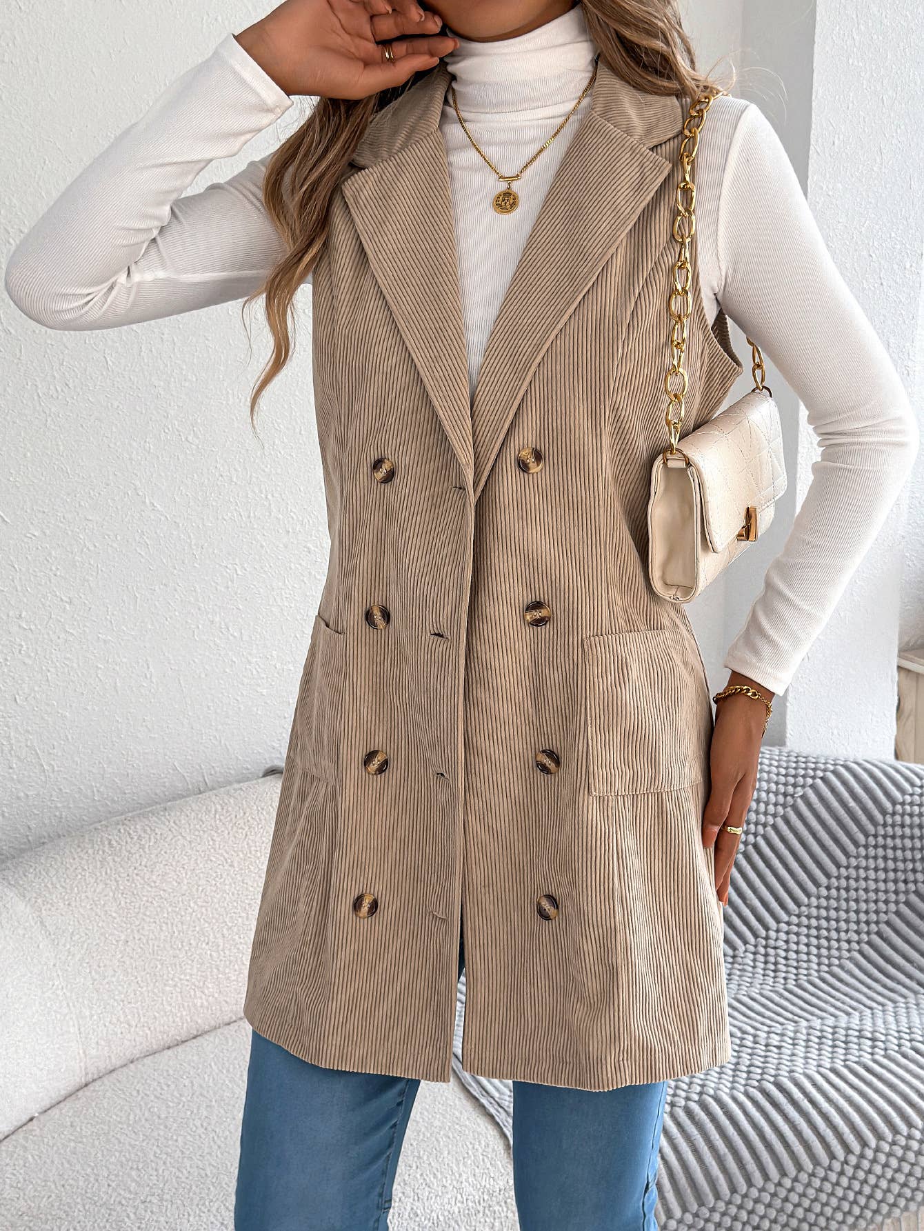 Double-breasted pocket corduroy long vest