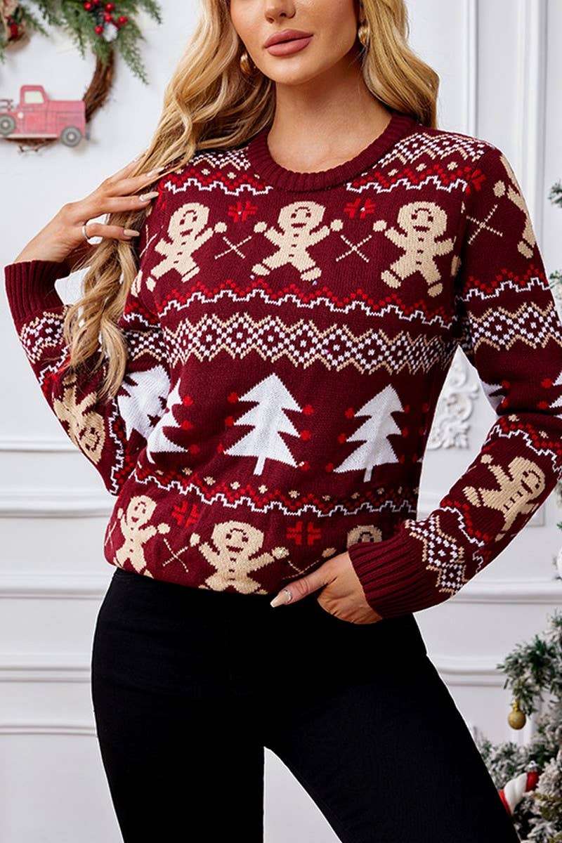 CWOSWL2490_GINGERBREAD MAN JACQUARD CASUAL CHRISTMAS SWEATER