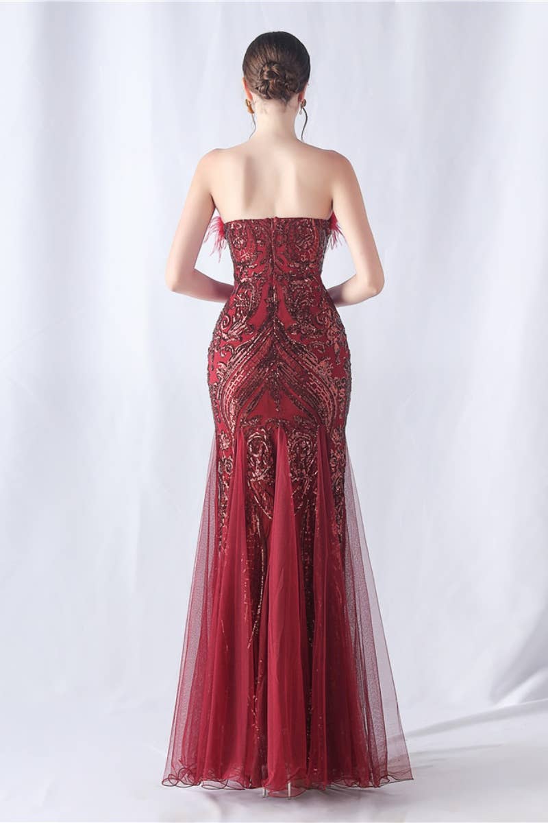CWDMD3628_FURRY STRAPLESS SEQUIN EVENING DRESS LONG