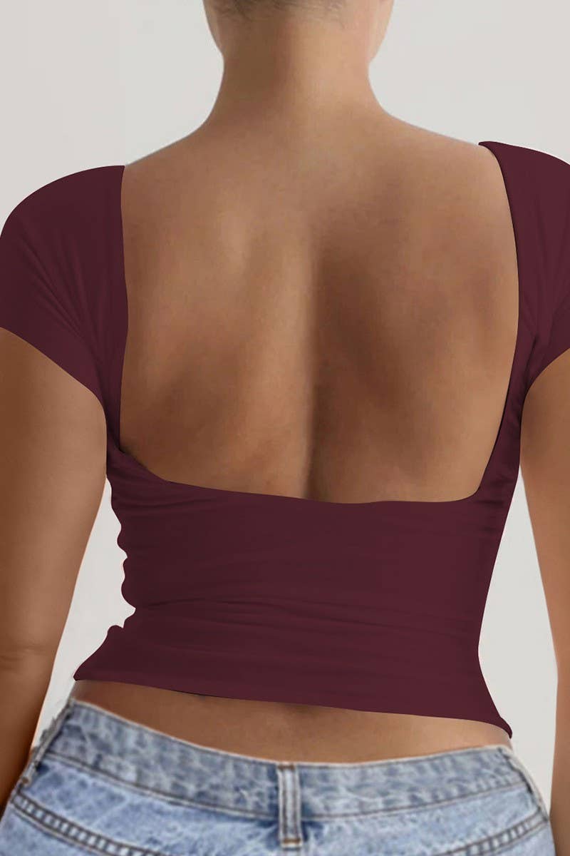 CWTBLS1584_ROUND NECK OPEN BACK SHORT SLEEVE TOP