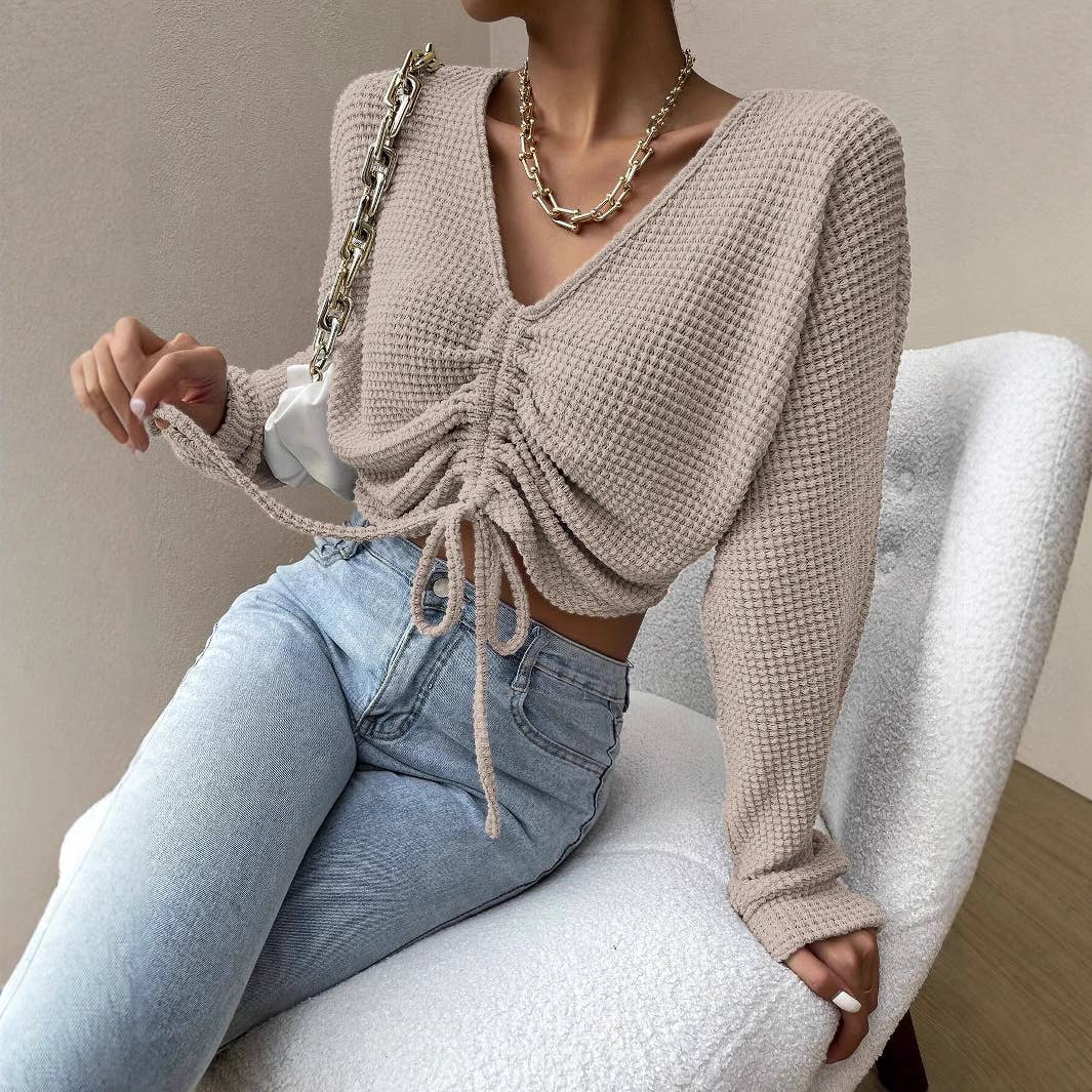DRAWSTRING BIG V-NECK MIDRIFF INDIVIDUAL KNITWEAR