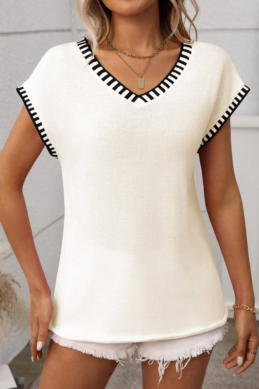 CWOSWS0132_V-NECK SHORT-SLEEVED STRIPED KNITTED SWEATER