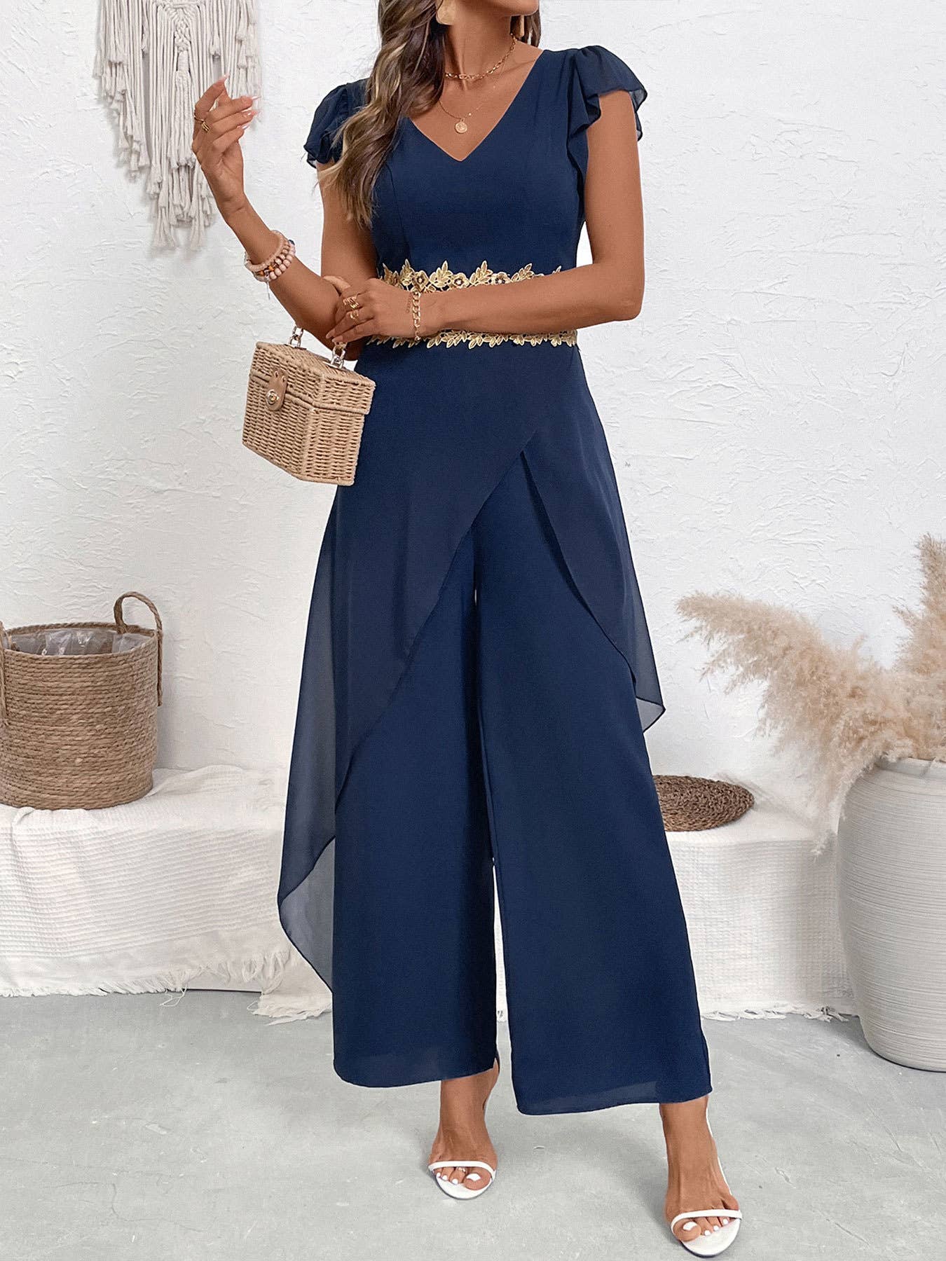 Casual,simple lace patchwork V-neck jumpsuit