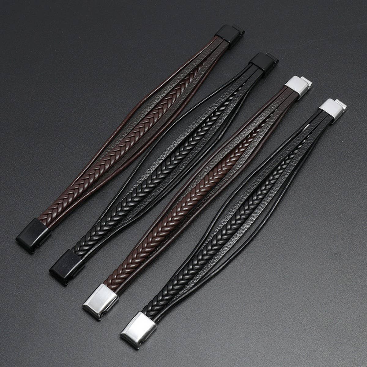 SIMPLE BRAIDED LEATHER MAGNET CLASP BRACELET_CWMM4471