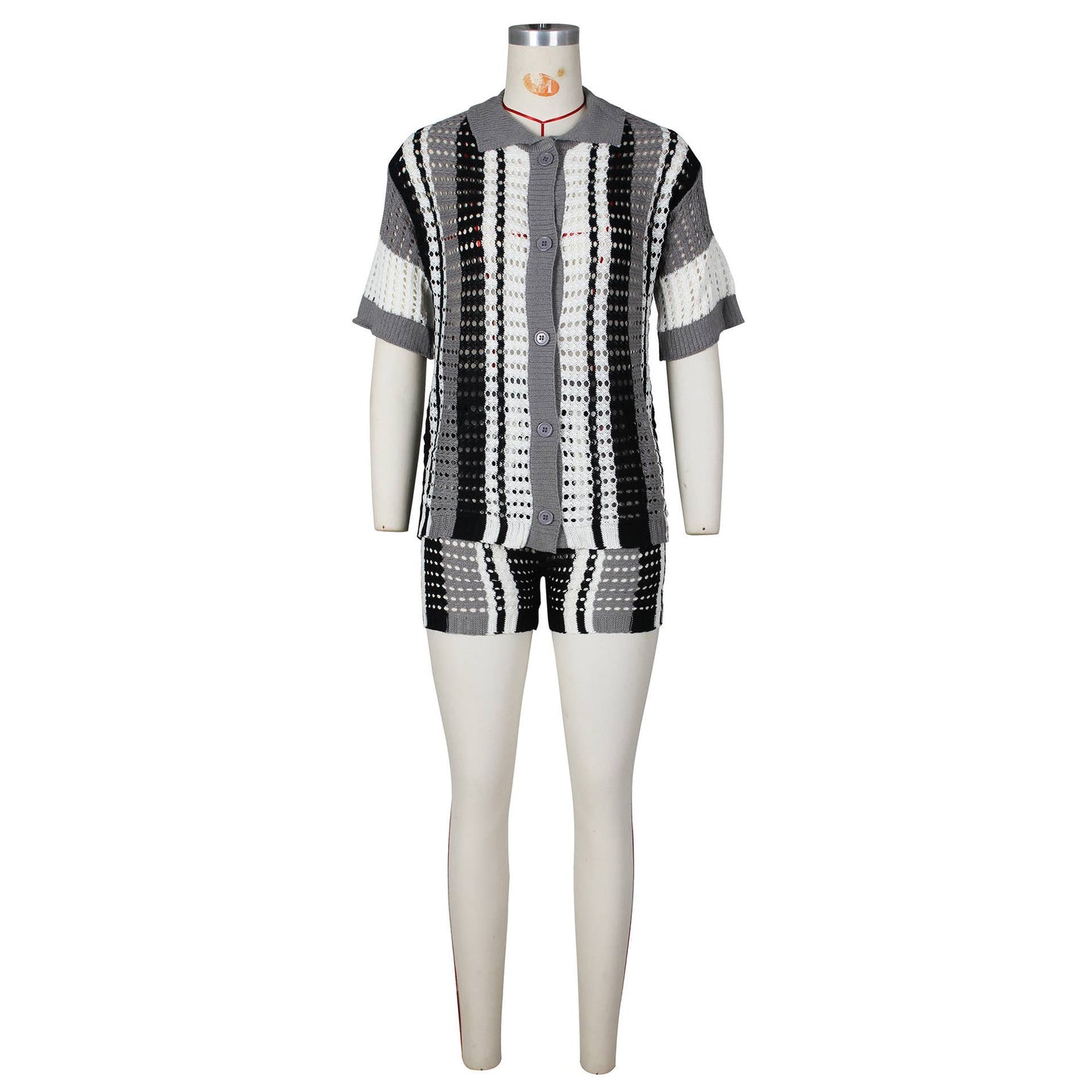 CUT-OUT SEE-THROUGH LAPEL KNIT SHORTS SET