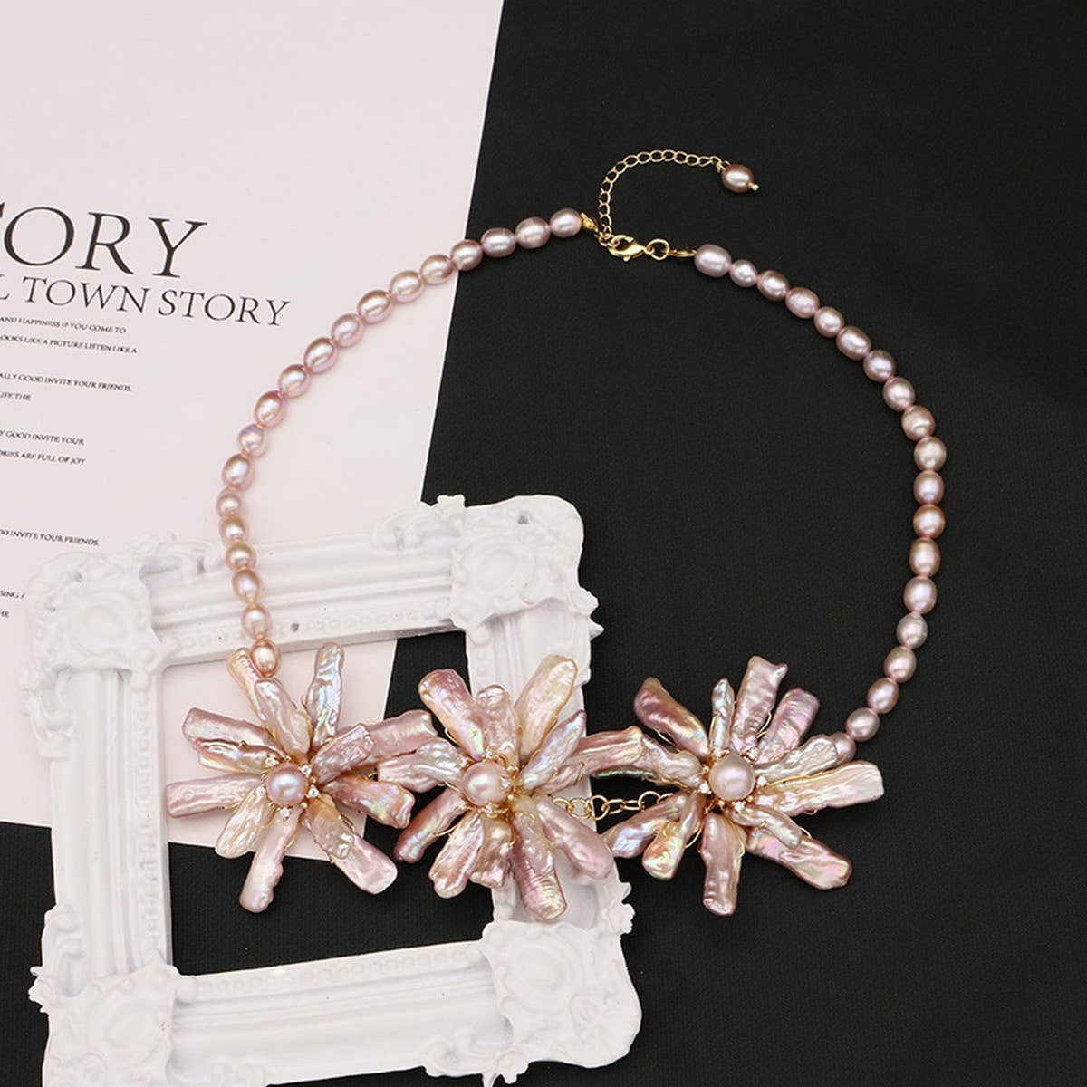 NATURAL PEARL PINK PURPLE FLOWER NECKLACE