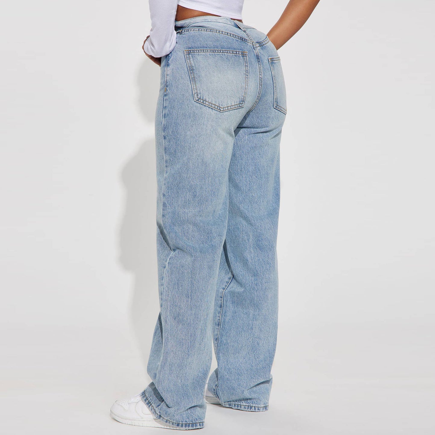 Casual high-waisted design washed denim trousers