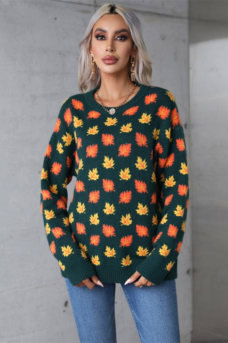 CWOSWL5757_MAPLE LEAF CHRISTMAS CREW NECK SWEATER