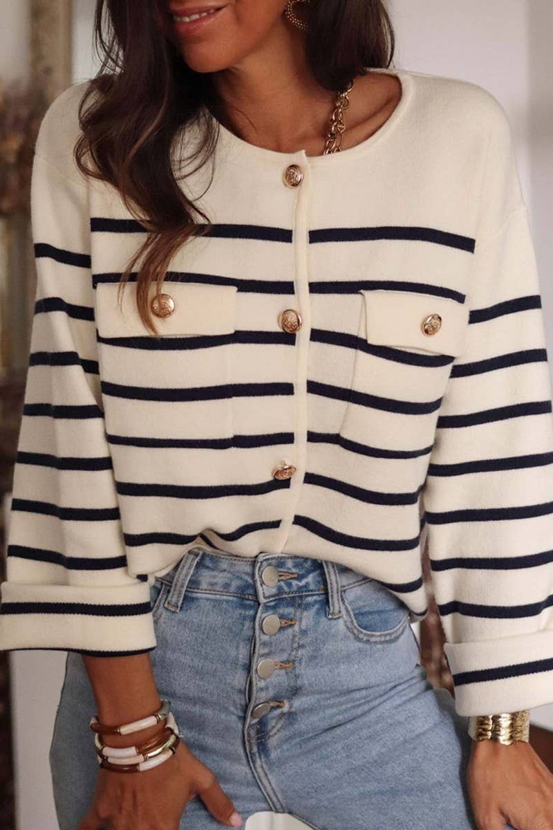 CWOCAL00715_BLACK AND WHITE STRIPED KNITTED CARDIGAN