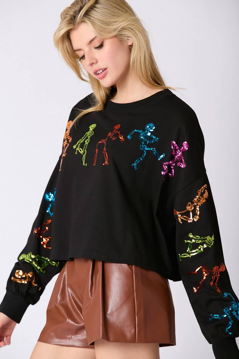 CWOSWL07752_HALLOWEEN SKELETON SEQUIN TOP LOOSE SWEATSHIRT