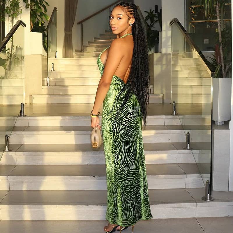 Backless V-Neck Halter Floral Bodycon Dress