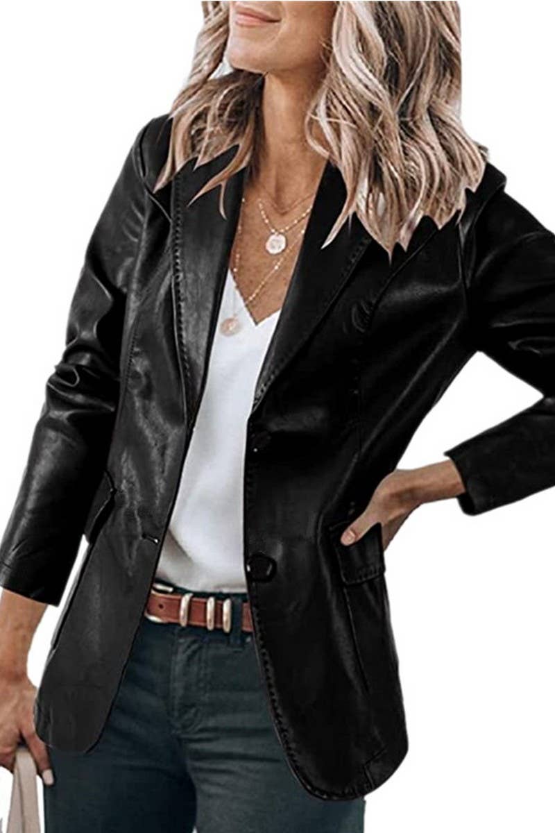 CWOCO1152_LAPEL SINGLE BREASTED PU LEATHER JACKET
