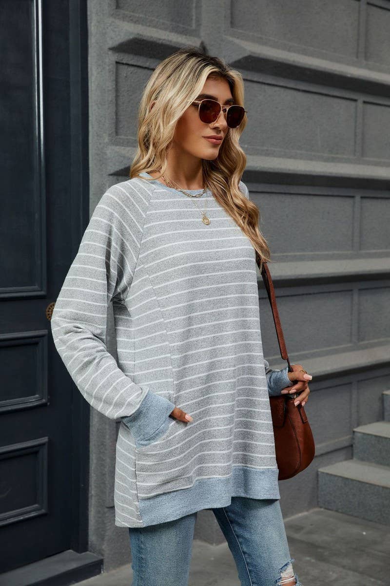 CWTBLL2360_STRIPED CONTRAST POCKET MID-LENGTH SWEATSHIRT