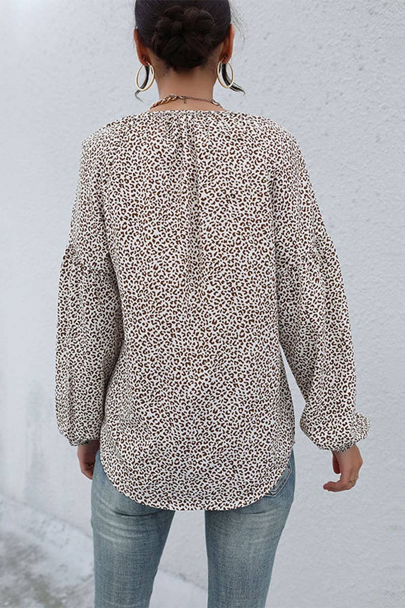 CWTBLL358_RETRO STYLISH DRAWSTRING LEOPARD PRINT V-NECK SHIR