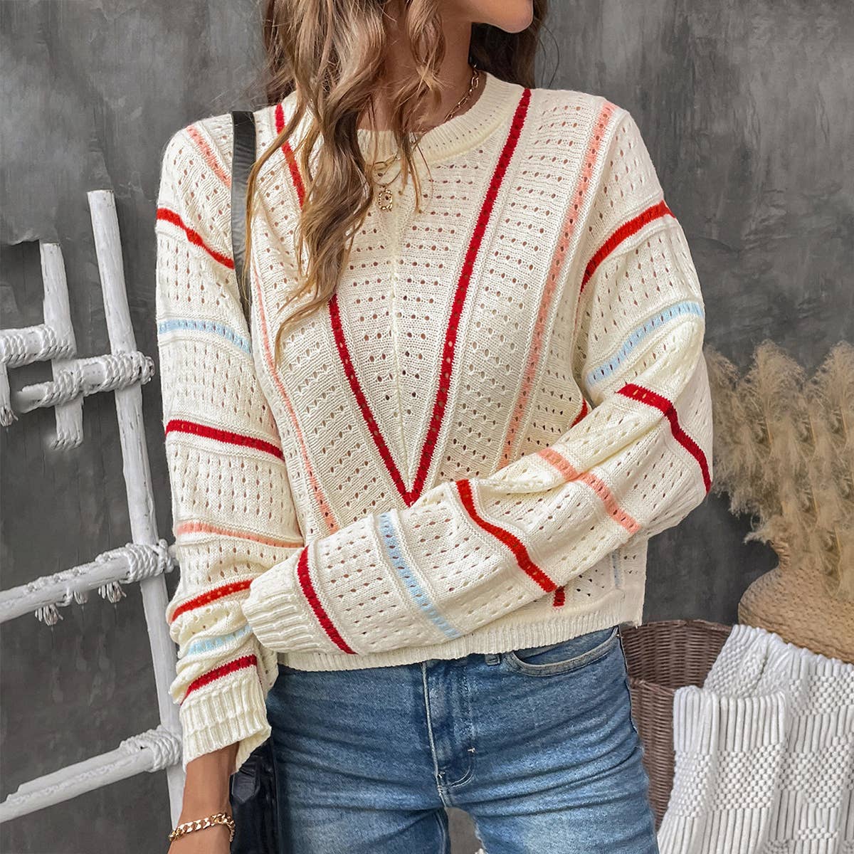 COLORFUL STRIPED CREW NECK PULLOVER SWEATER