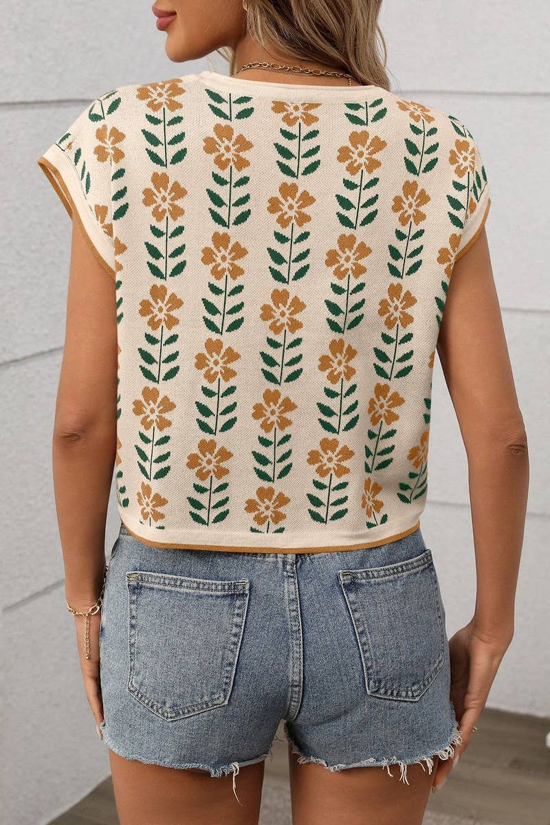 CWTBLS1714_NAVEL-BARING COLOR-BLOCK KNITTED FLOWER SWEATER