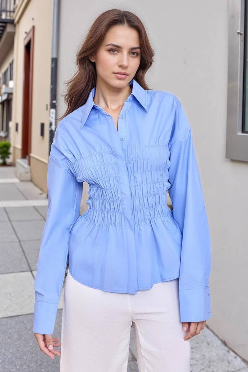 CWTBLL4080_LAPEL PLEATED WAIST LONG SLEEVE SHIRT