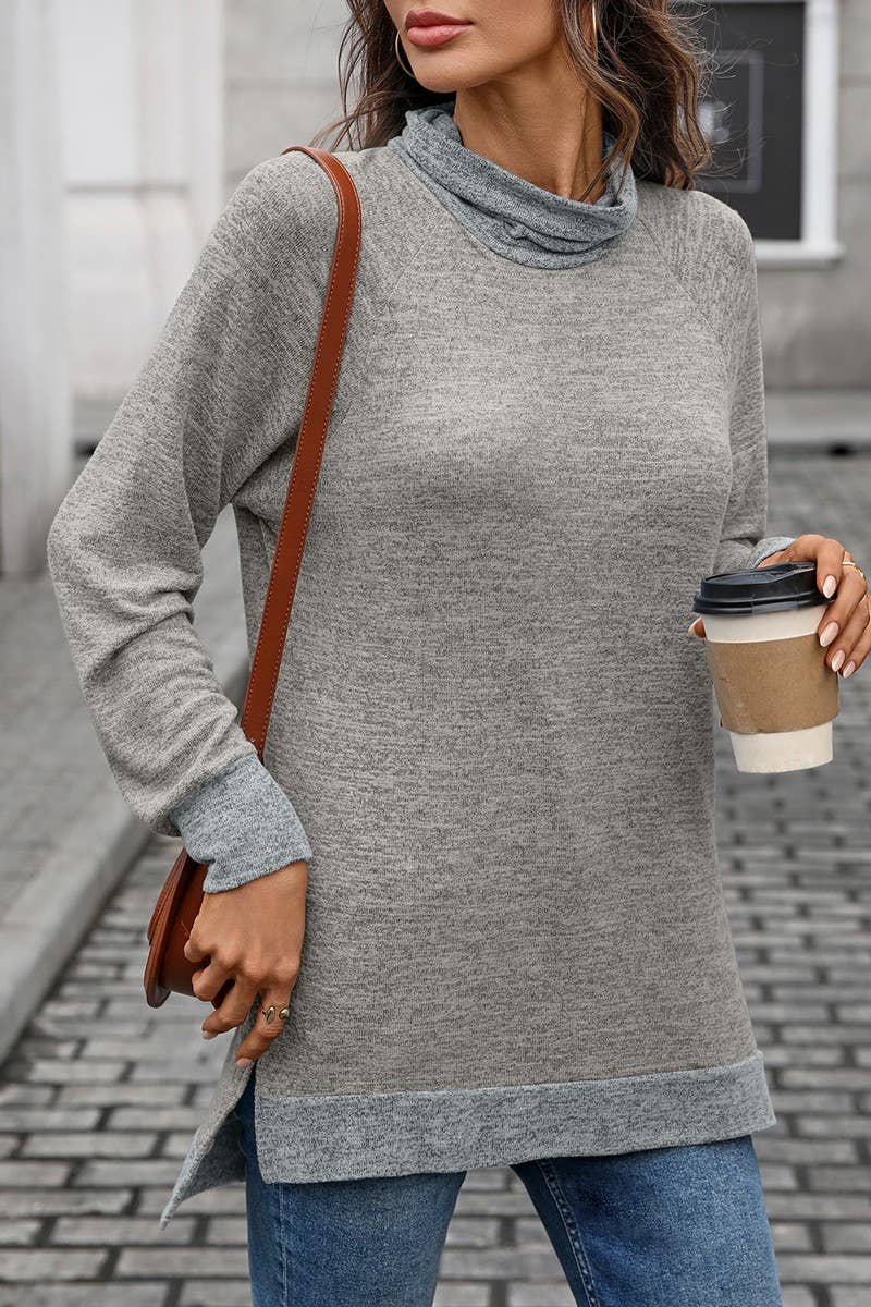 CWTBLL01308_COLORBLOCK SCARF NECK LONG SLEEVE CASUAL TOP